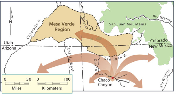Migration of Pueblo people from the Chaco region to the Mesa Verde region, middle Pueblo II period. Map by Neal Morris and Joyce Heuman Kramer; copyright Crow Canyon Archaeological Center.