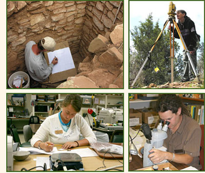 Archaeologists working in the field and in the laboratory.