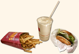 Hamburger, fries, and milkshake.